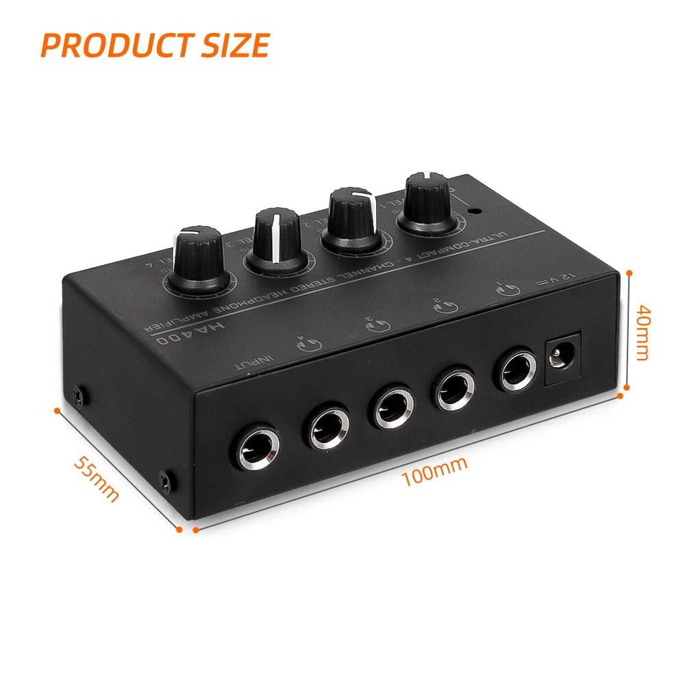 HA400 Mini Amplifier Headphone Amplifier 4 Channels Ultra-Compact Stereo Audio Amplifier Earphone Amplifier With Power Adapter