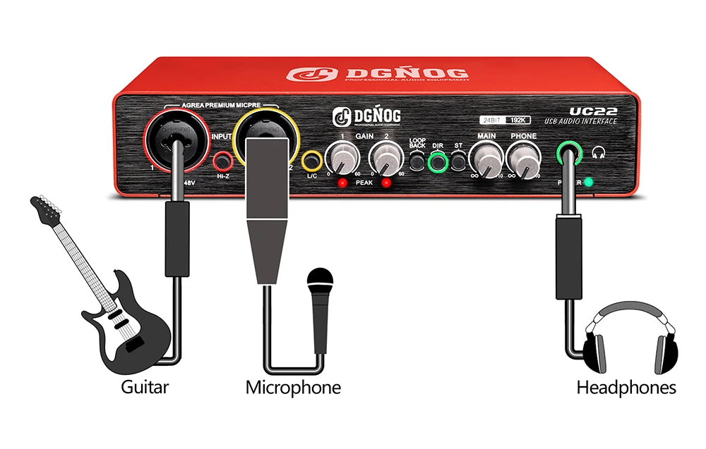 UC22 Audio Interface Sound Card 24-bit/192KHz AD Converter, Electric Guitar Live Recording Professional Studio Singing, Podcast