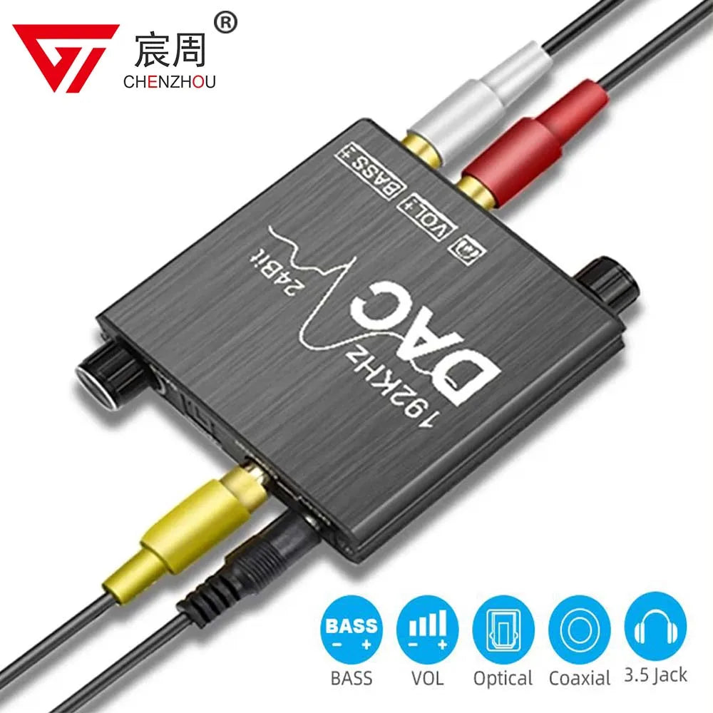 192KHz/24Bit DAC Digital to Analog Audio Converter Digital SPDIF Optical Toslink Coaxial to Analog Stereo L/R RCA and 3.5mm Jack